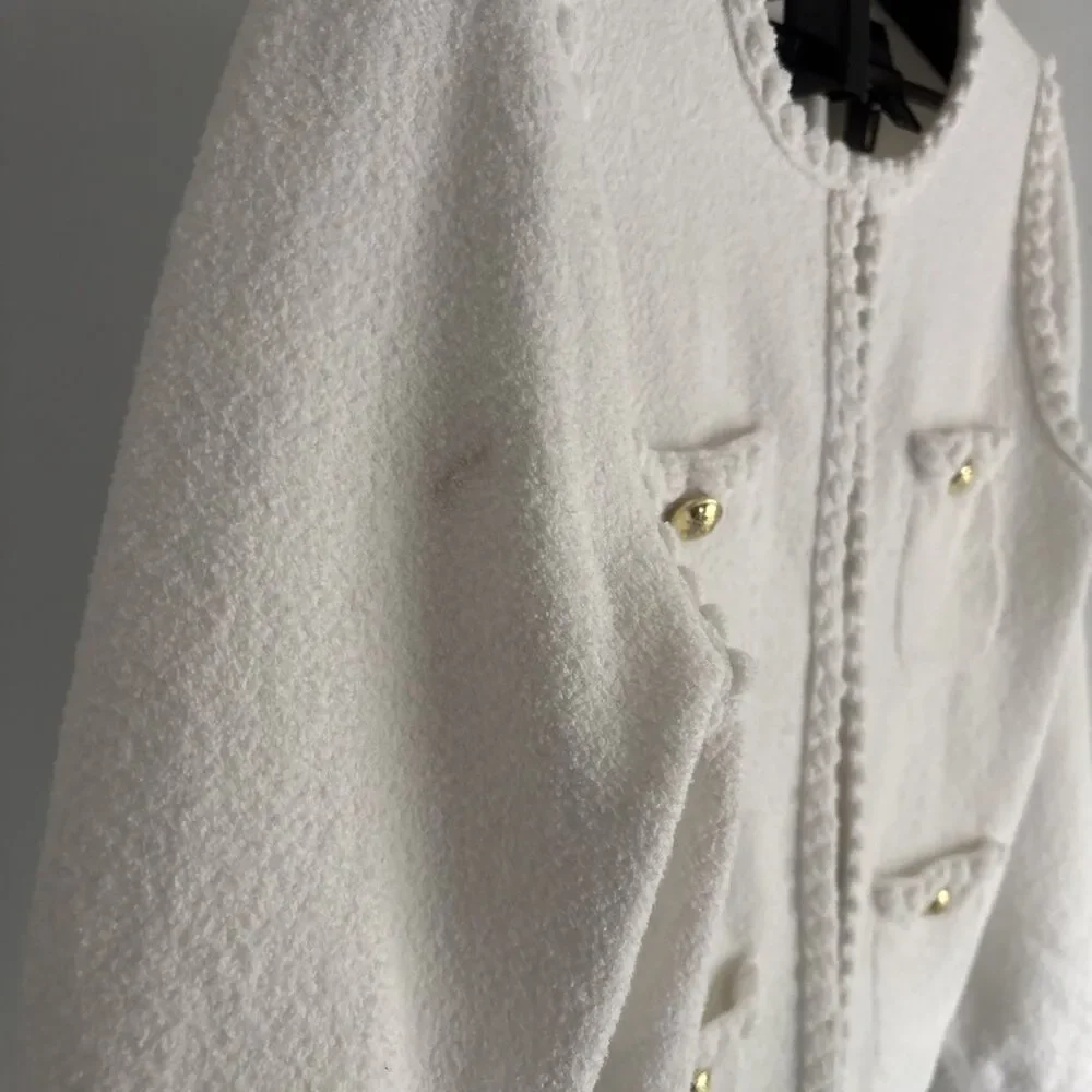 J.Crew Womens White Boucle Lady Jacket Cardigan Large Gold Crest Buttons Pocket